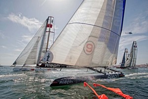 The America's Cup World Series regatta (AC World Series) is taking place in the port city of Cascais, Portugal known for great sailing conditions. This is the AC45 wing-sailed catamaran's  first-ever competition.
Photo Credit must read ©Bob Grieser/OUTSIDEIMAGES.COM or a 50 Euro fee is charged photo copyright Bob Grieser/Outside Images www.outsideimages.com taken at  and featuring the  class