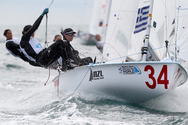 Jo Aleh and Olivia Powrie of New Zealand compete on day 11 during the 470 women&rsquo;s two person dinghy event of the 2011 ISAF Sailing World Championships &copy; Paul Kane /Perth 2011 http://www.perth2011.com