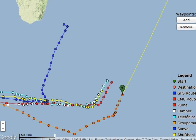 Current yacht positions with Team Sanya headed for South Madacascar as 0840hrs GMT on 19 December 2011 © PredictWind.com www.predictwind.com