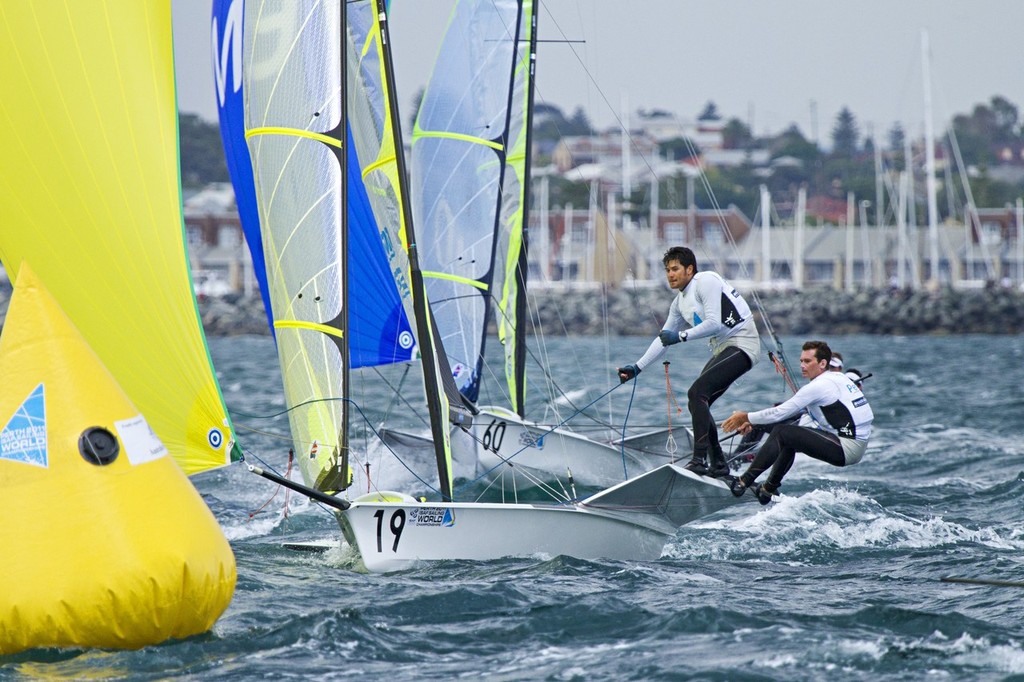 49er. FRA’s Noe Delpech and Julien Dortoli andCAN’s Gordon Cook and Hunter Lowden - Perth 2011 ISAF Sailing World Championships ©  Alex McKinnon Photography http://www.alexmckinnonphotography.com