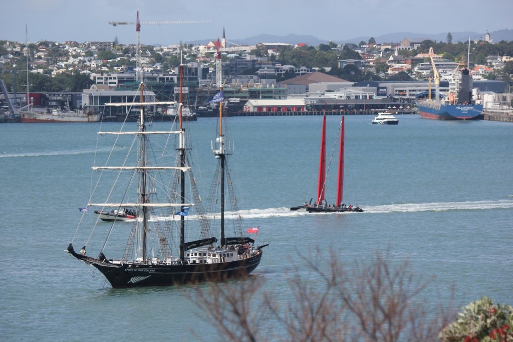 SL-33’s head out into the test session past the Spirit of New Zealand © Ben Gladwell http://www.sail-world.com/nz