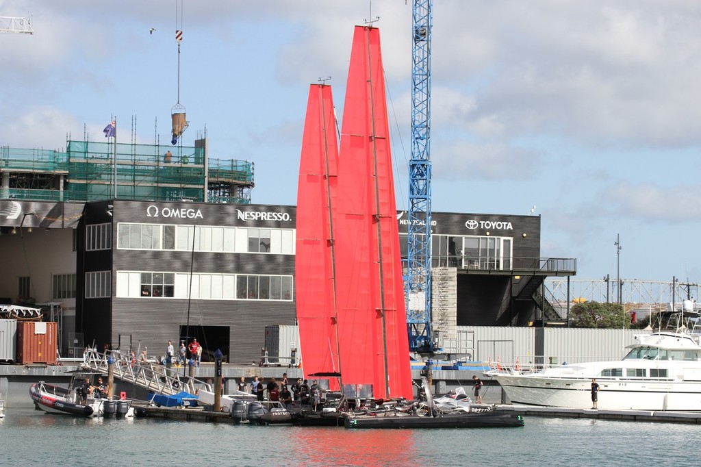 SL-33’s preparing for the first wingsail test session in the Viaduct harbour © Richard Gladwell www.photosport.co.nz
