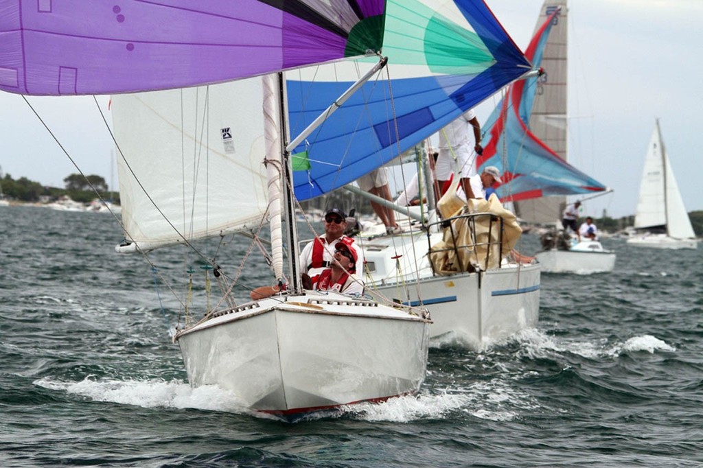 Skipper Ian Joel is all smiles after this overtaking manouevre on Ken Stokes’ Toravean. - Cockburn Sound Regatta 2011 © Bernie Kaaks - copyright