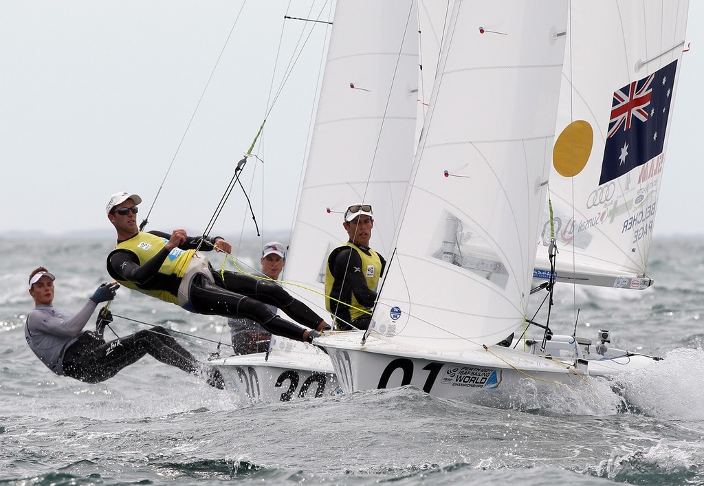Matt Belcher and Malcolm Page of Australia compete on day 9 during the mens 470 medal race of the 2011 ISAF Sailing World Championships on December 11, 2011 in Perth, Australia. © Paul Kane /Perth 2011 http://www.perth2011.com