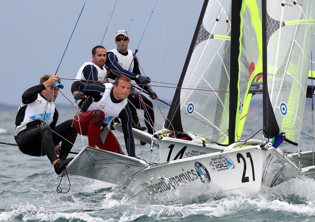 Thomas Zajac and Thomas Czajka of Austria compete for position against Federico Alonso and Arturo Alonso of Spain during the yellow fleet race for the 49er Men’s Skiff Class of the 2011 ISAF Sailing World Championships on December 12, 2011 in Perth, Australia. © Paul Kane /Perth 2011 http://www.perth2011.com