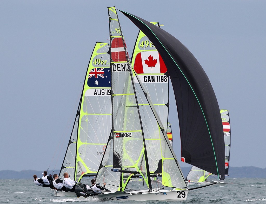 Jonas Warrer and Soeren Hansen of Denmark compete during the yellow fleet race for the 49er Men’s Skiff Class of the 2011 ISAF Sailing World Championships on December 12, 2011 in Perth, Australia. © Paul Kane /Perth 2011 http://www.perth2011.com