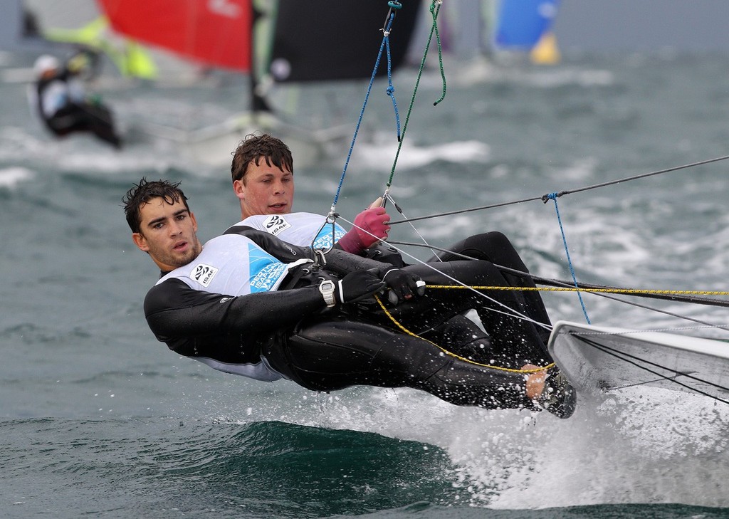 Marcus Hansen and Josh Poreski of New Zealand compete during the yellow fleet race for the 49er Men’s Skiff Class of the 2011 ISAF Sailing World Championships on December 12, 2011 in Perth, Australia. © Paul Kane /Perth 2011 http://www.perth2011.com