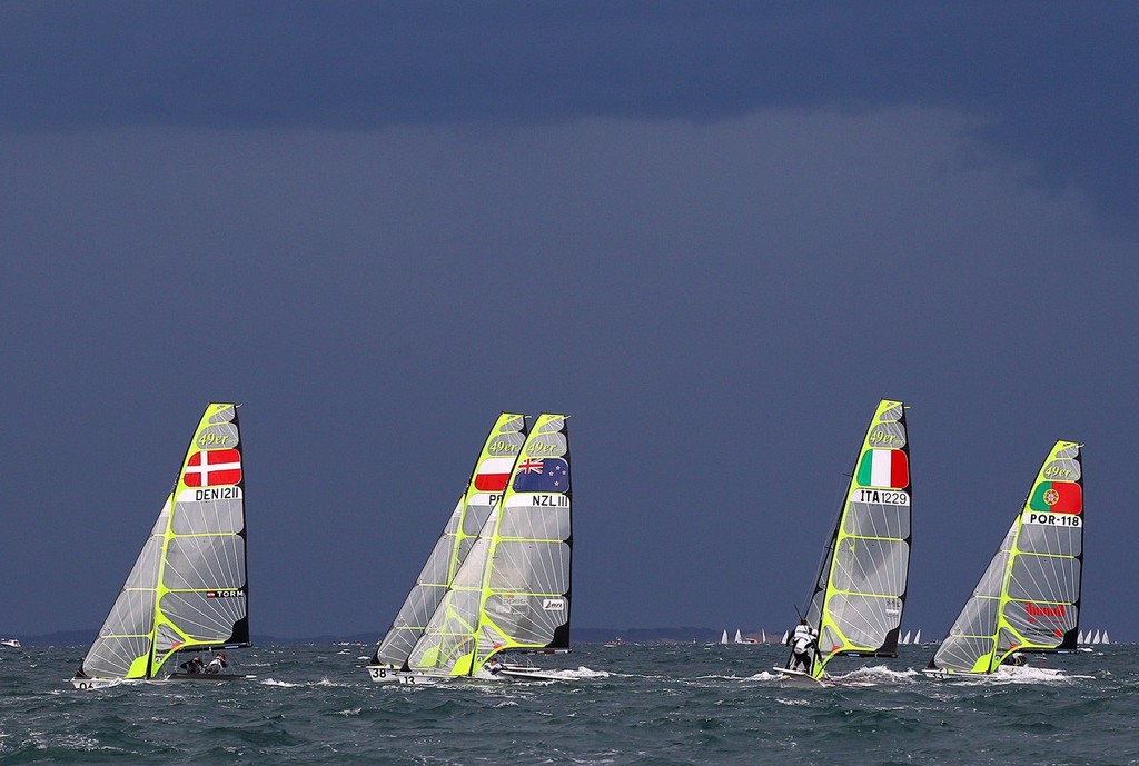 Sailors compete during the yellow fleet race for the 49er Men’s Skiff Class of the 2011 ISAF Sailing World Championships on December 12, 2011 in Perth, Australia. © Paul Kane /Perth 2011 http://www.perth2011.com