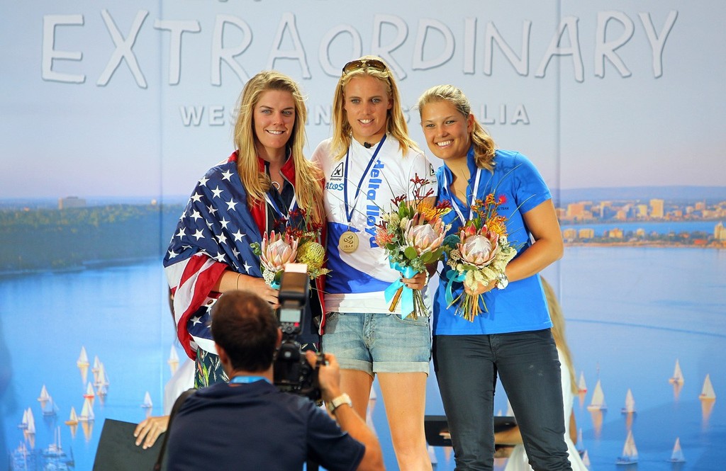 Marit Bouwmeester, Evi van Acker, Paige Railey, Medal ceremony December 11, 2011 off Fremantle, Australia. © Richard Langdon /Ocean Images http://www.oceanimages.co.uk