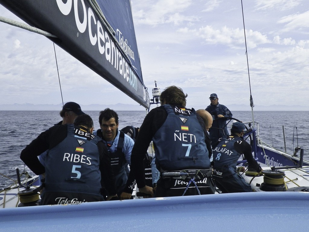 Team Telefonica during leg 2 of the Volvo Ocean Race 2011-12, from Cape Town, South Africa to Abu Dhabi, UAE.  © Diego Fructuoso /Team Telefónica/Volvo Ocean Race http://www.volvooceanrace.com