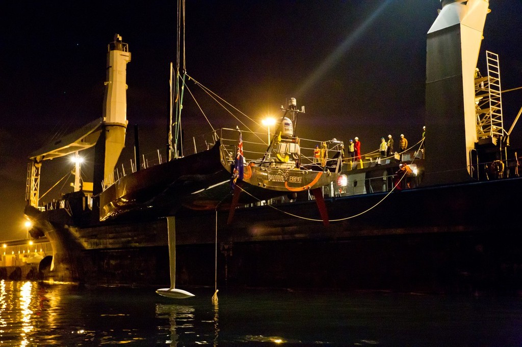 Container ship Team Bremen offloading Mar Mostro in Cape Town. © Ian Roman/Volvo Ocean Race http://www.volvooceanrace.com