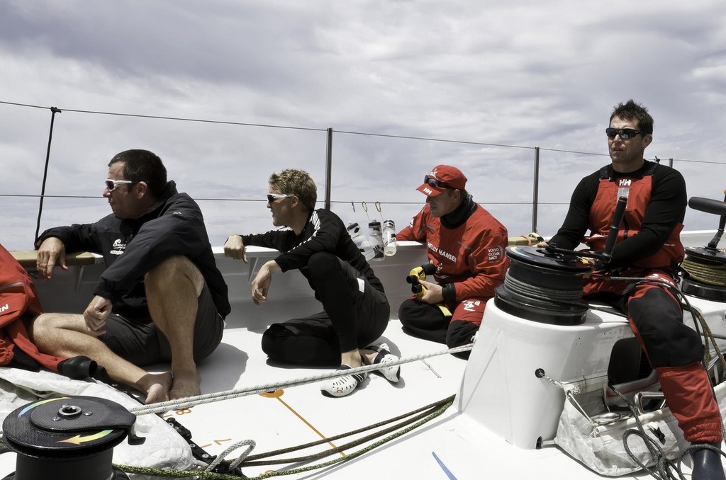Working hard to keep gaining on the fleet...Team Sanya during leg 2 of the Volvo Ocean Race 2011-12, from Cape Town, South Africa to Abu Dhabi, UAE.  © Andres Soriano/Team Sanya/Volvo Ocean Race