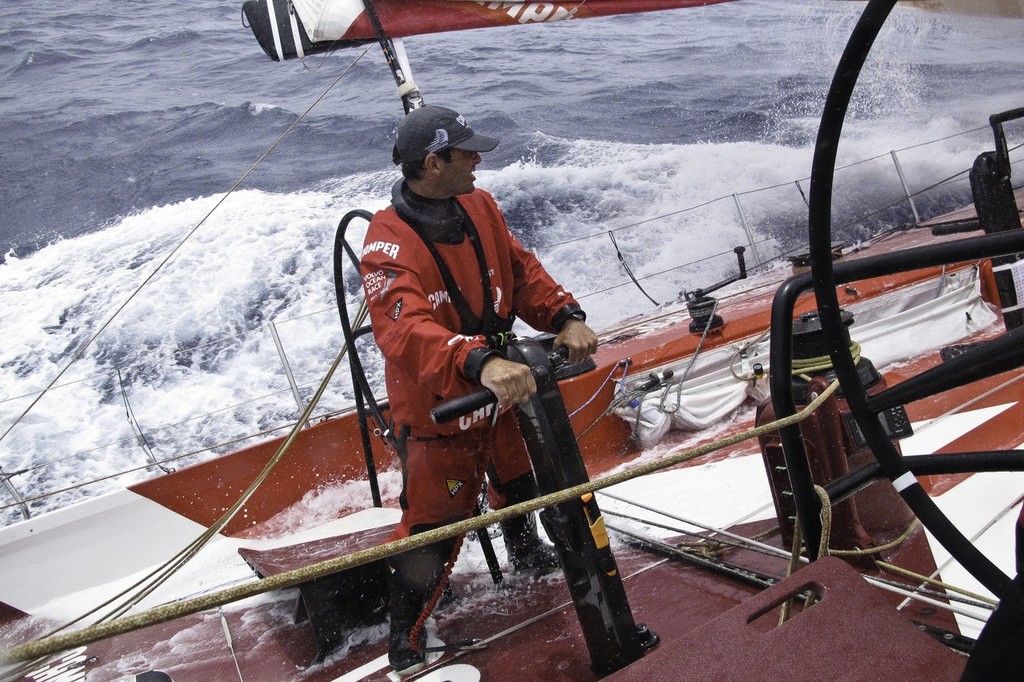 Roberto Bermudez Decastro on the main grinder onboard CAMPER with Emirates Team New Zealand during leg 2 of the Volvo Ocean Race 2011-12 © Hamish Hooper/Camper ETNZ/Volvo Ocean Race