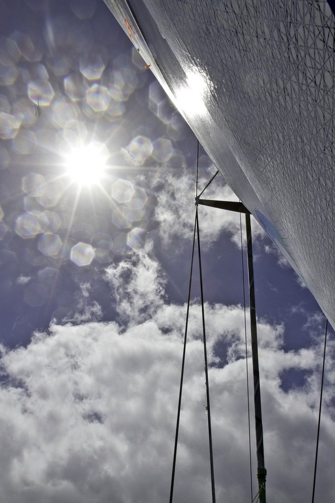 Team Sanya make a temporary fix to their D2 rigging after it broke during the night on leg 2 of the Volvo Ocean Race  © Andres Soriano/Team Sanya/Volvo Ocean Race