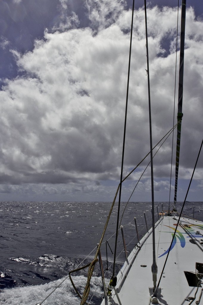 Team Sanya make a temporary fix to their D2 rigging after it broke during the night on leg 2 of the Volvo Ocean Race  © Andres Soriano/Team Sanya/Volvo Ocean Race