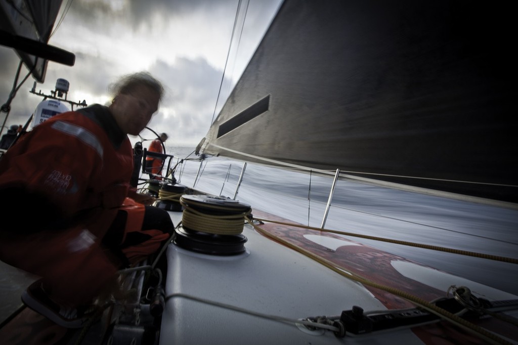 Michi Mueller adjusting the sail trim to leeward. Puma during leg 2 of the Volvo Ocean Race 2011-12, from Cape Town, South Africa to Abu Dhabi, UAE.  © Amory Ross/Puma Ocean Racing/Volvo Ocean Race http://www.puma.com/sailing