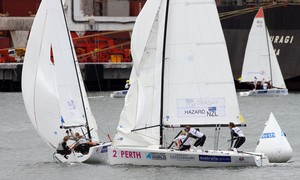 Perth, WA - December 13: Stephanie Hazard, Jenna Hansen, Susannah Pyatt, Match Racing December 13, 2011 off Fremantle, Australia. (Photo by Alastair Hyde-Tetley)  
  
?Perth 2011 ISAF Sailing World Championships, 3rd-18th December 2011.?  
Perth 2011 image.??For further information please contact richard@oceanimages.co.uk  
+44 7850 913500  
+61 478 221797??© Alastair Hyde-Tetley. This image may not be used for any other purpose without the express prior written per photo copyright Alastair Hyde-Tetley/Perth 2011 taken at  and featuring the  class