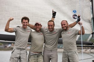 Luna Rosa celebrate after winning the regatta and the 2011 title - Extreme Sailing Series 2011. Act 9. Singapore photo copyright Lloyd Images http://lloydimagesgallery.photoshelter.com/ taken at  and featuring the  class