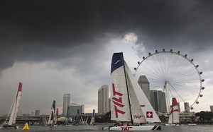 Team TILT and fleet on day 3 in Singapore - Act 9 Day 3 Extreme Sailing Series 2011 photo copyright Lloyd Images http://lloydimagesgallery.photoshelter.com/ taken at  and featuring the  class