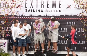 Luna Rosa celebrate after winning the regatta and the 2011 title - Extreme Sailing Series 2011. Act 9. Singapore photo copyright Lloyd Images http://lloydimagesgallery.photoshelter.com/ taken at  and featuring the  class