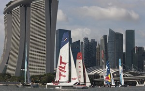 Team TILT flying a hull in front of the fleet in Marina Bay - Act 9 Day 4 Extreme Sailing Series 2011 photo copyright Lloyd Images http://lloydimagesgallery.photoshelter.com/ taken at  and featuring the  class
