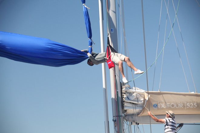 Victorian yacht Sojourn had its share of problems with a tangled snuffer - the man aloft had his work cut out! - Redink Homes Geographe Bay Race Week © Bernie Kaaks