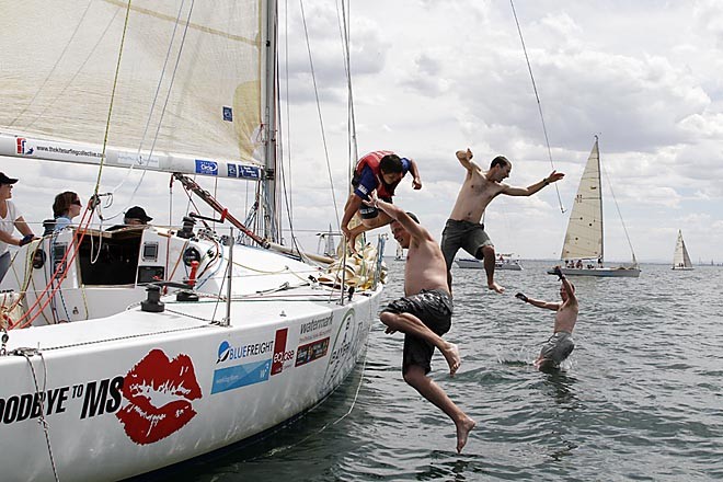 Time for a dip for the Beyond Outrageous crew James Weight, Simon Wastney, Ian Lindsay and Royals Cadet sailor Wynn Schofield - Club Marine Series 2012, Melbourne, Australia © Teri Dodds http://www.teridodds.com