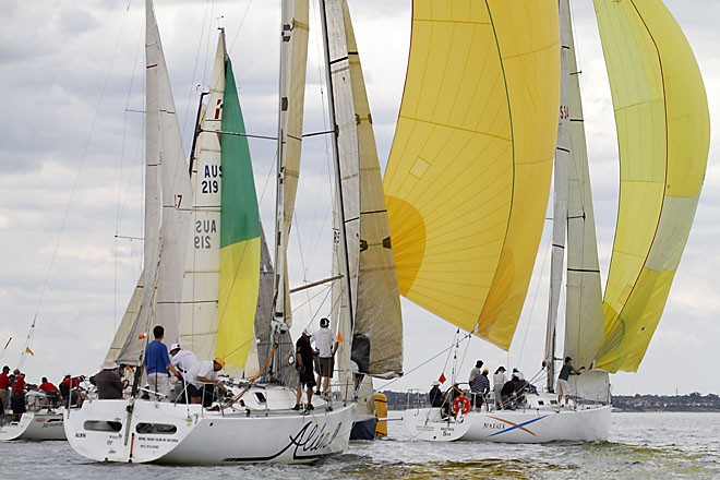 Division 2 fleet coverge on the leeward mark - Club Marine Series 2012, Melbourne, Australia © Teri Dodds http://www.teridodds.com