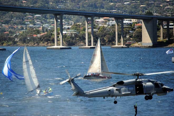 RAN helicopter rescue demonstration played havoc with some yachts in last year’s Royal Hobart Regatta. ©  Andrea Francolini Photography http://www.afrancolini.com/