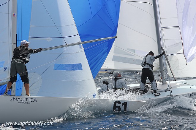 Etchells World Championship Sydney Australia 2012. Mark Tonner-Joyce on Dawn Raid hoisting the spinnaker &copy; Ingrid Abery http://www.ingridabery.com