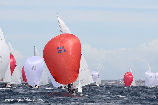 Etchells World Championship Sydney Australia 2012. Mark Thornburrow guiding Racer X to the finish in race three. © Ingrid Abery http://www.ingridabery.com