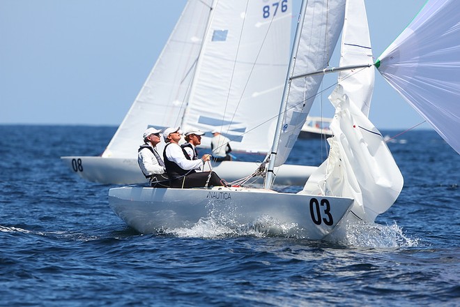 Etchells World Championship Sydney Australia 2012.  John Bertrand leading round the top mark.  © Ingrid Abery http://www.ingridabery.com