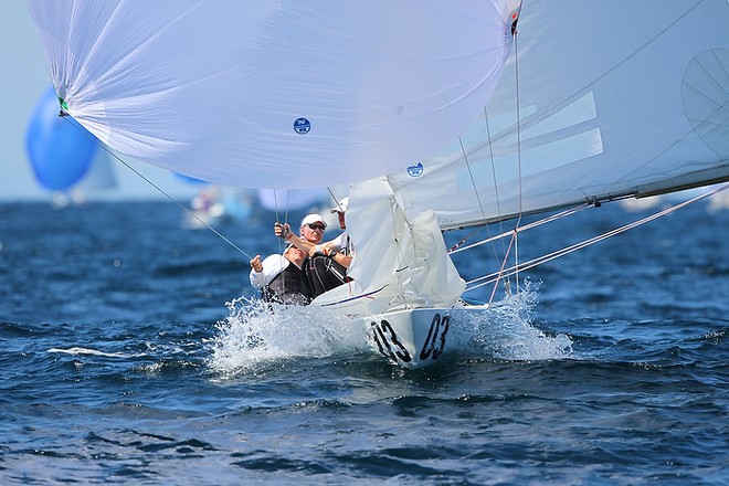 Etchells World Championship Sydney Australia 2012.  John Bertrand closing in on the finish. © Ingrid Abery http://www.ingridabery.com