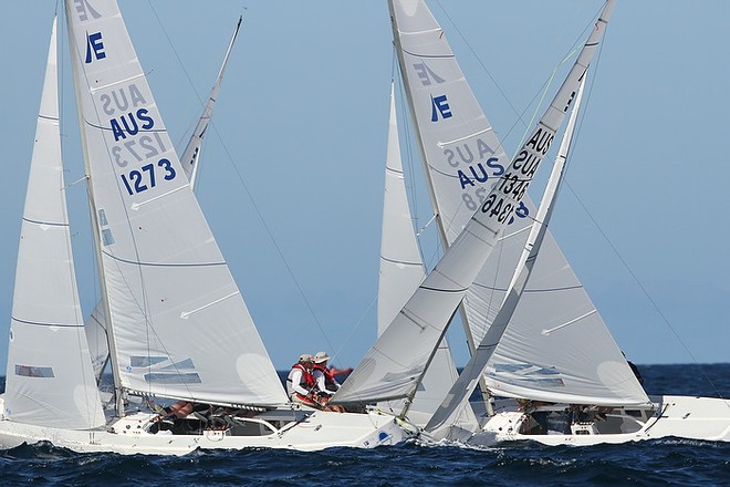 Etchells World Championship Sydney Australia 2012.   Ed McCarthy’s North Sydney Station crossing tacks with Michael Bellingham’s Avalon. © Ingrid Abery http://www.ingridabery.com