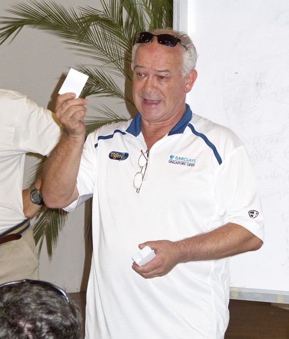 Mount Gay Rum 2012 Neptune Regatta. Skippers’ Briefing. Brian Masters (Harry’s Bar) explains drinks vouchers. Really? &copy; Guy Nowell/ Mt Gay Rum Neptune Regatta