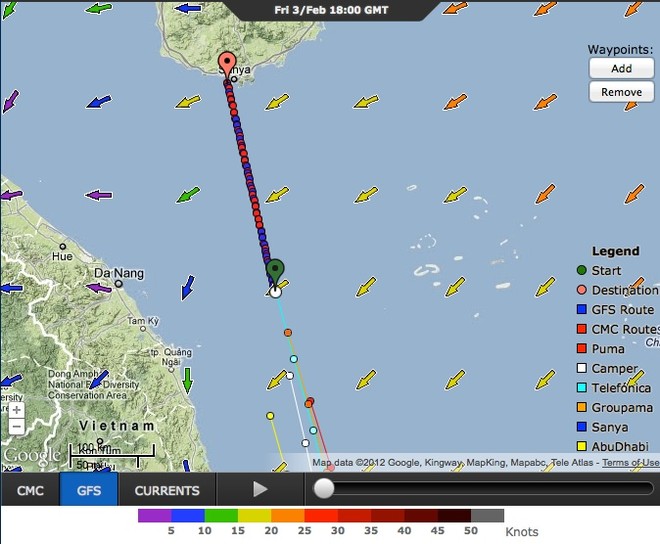 Telefonica on a direct course to Abu Dhabi, with the fleet astern. © PredictWind.com www.predictwind.com