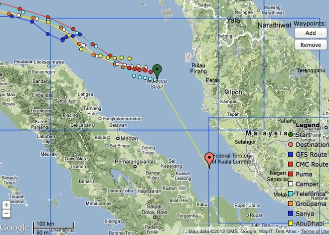 Complete fleet positions one hour before the lead change, and Telefonica’s course change. Malaysia is the land mass to the right, Sumatra to the reader’s left © PredictWind.com www.predictwind.com