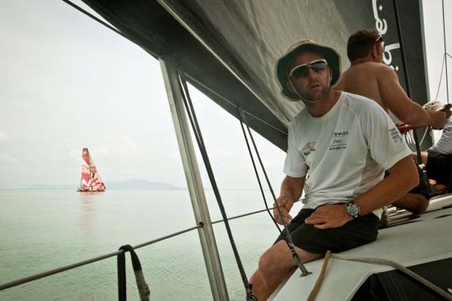 Skipper Ian Walker onboard Abu Dhabi Ocean Racing, chasing down CAMPER with Emirates Team New Zealand in the Strait of Malacca, during leg 3 of the Volvo Ocean Race 2011-12, from Abu Dhabi, UAE to Sanya, China.  © Nick Dana/Abu Dhabi Ocean Racing /Volvo Ocean Race http://www.volvooceanrace.org