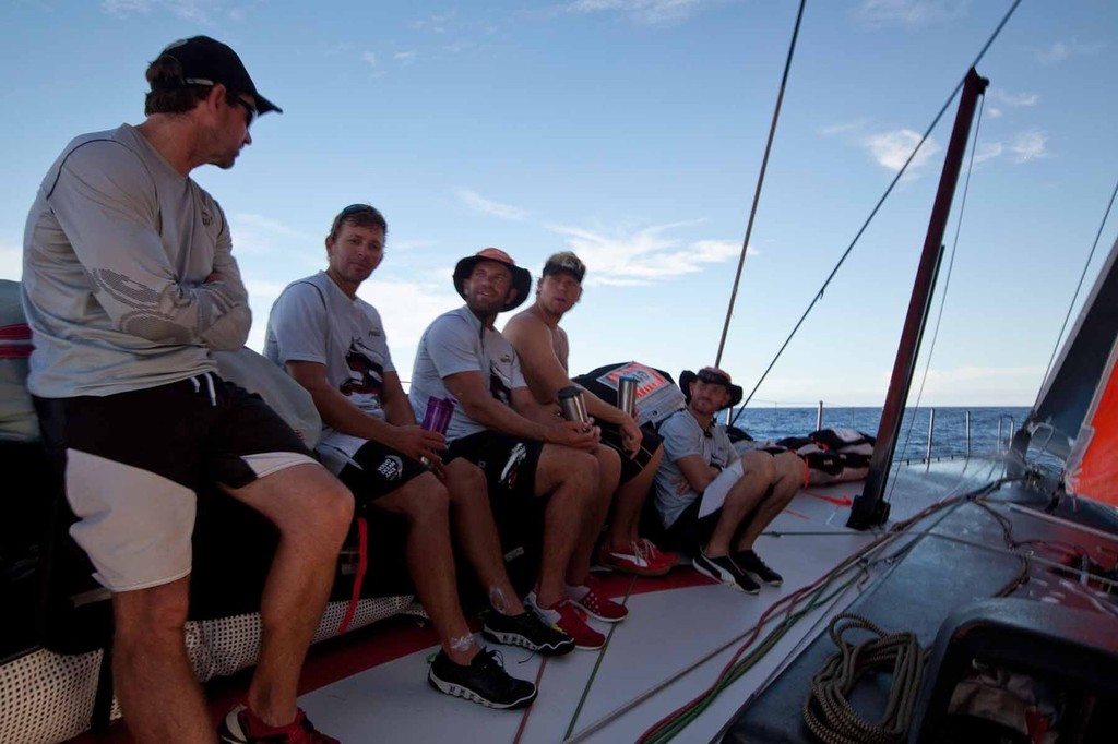 Social hour on the sail stack in lighter winds. PUMA Ocean Racing powered by BERG during leg 4 of the Volvo Ocean Race 2011-12 &copy; Amory Ross/Puma Ocean Racing/Volvo Ocean Race http://www.puma.com/sailing