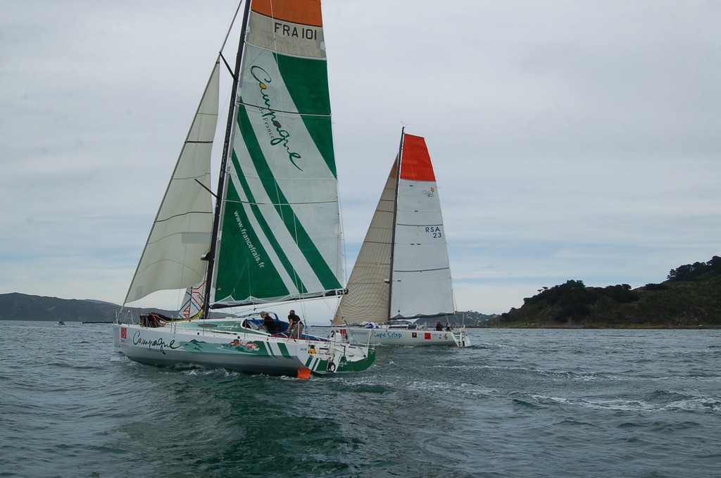 The GOR Class40 fleet cross the Leg 3 start line in Wellington, New Zealand  &copy; Oliver Dewar /Global Ocean Race http://www.globaloceanrace.com