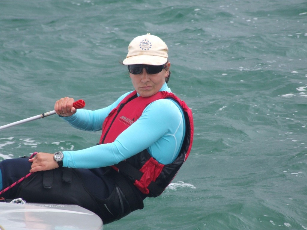 Anja Fiedler from Germany showing the fleet how it's done in medium winds - 2012 Europe Dinghy Global Veteran Cup photo copyright Andy Greager taken at  and featuring the  class