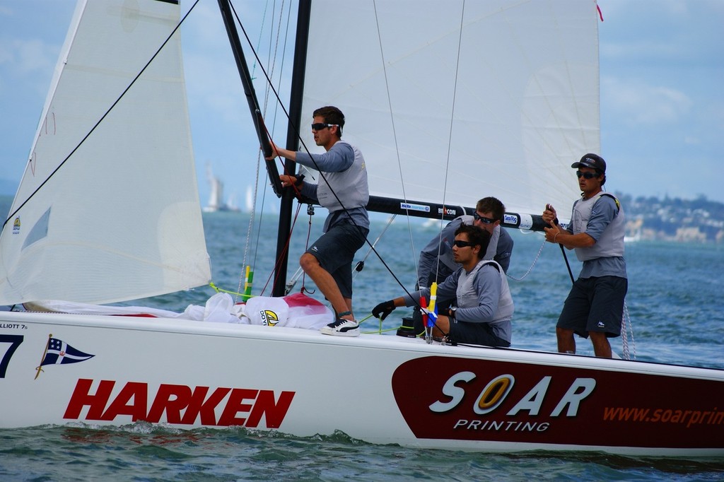 Chris Steele (RNZYS) and crew after rounding the top mark - HARKEN Youth International Match Racing Championships photo copyright Sara Tucker taken at  and featuring the  class