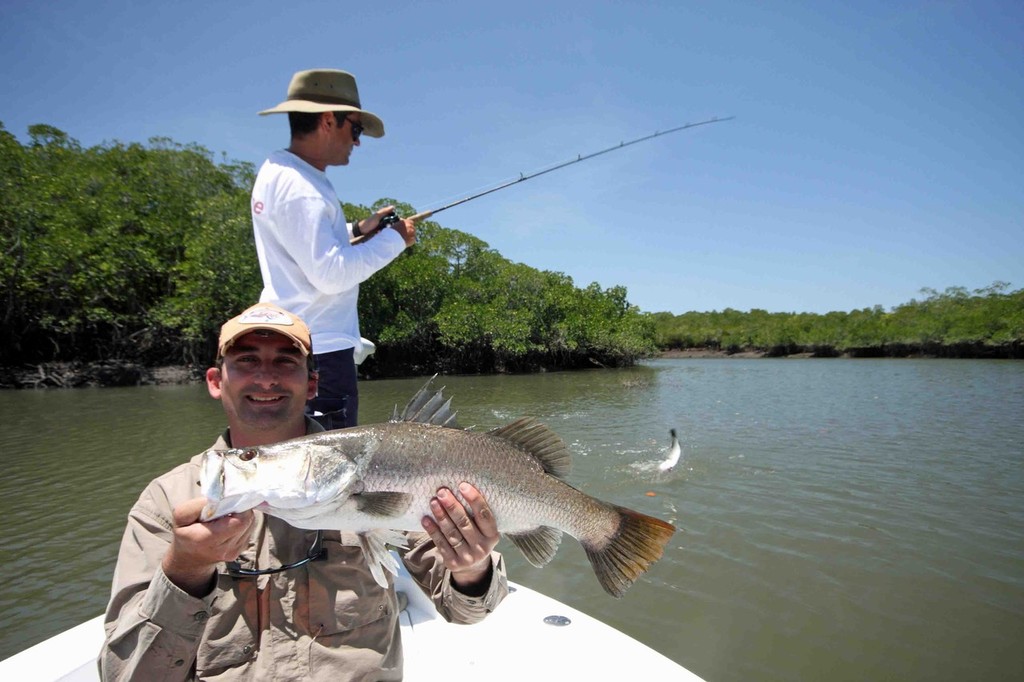 When you find a patch of barra, expect multiple hook-ups. © Jarrod Day