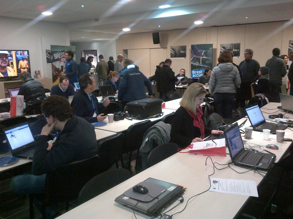 Scenes in the Banque Populaire V media centre as the 40 metre maxi trimaran set a new provisions round the world record © BPCE