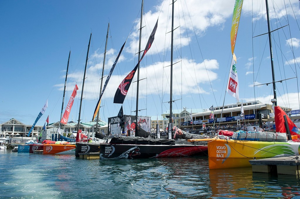 The six yachts lined up in Cape Town on the morning of the start of leg two of the Volvo Ocean Race 2011-12. 10/12/2011 © Chris Cameron/Volvo Ocean Race www.volvooceanrace.com