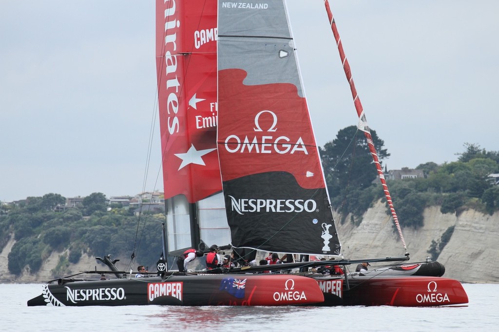 Emirates Team NZ wait for the wind on the Waitemata harbour photo copyright Richard Gladwell www.photosport.co.nz taken at  and featuring the  class
