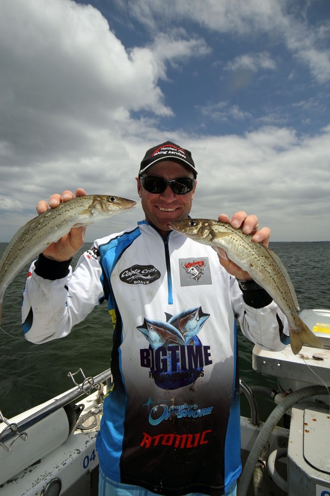 Gawaine Blake from Big Time charters with his hands full of Western Port whiting. ©  Jarrod Day www.jarrodday.com