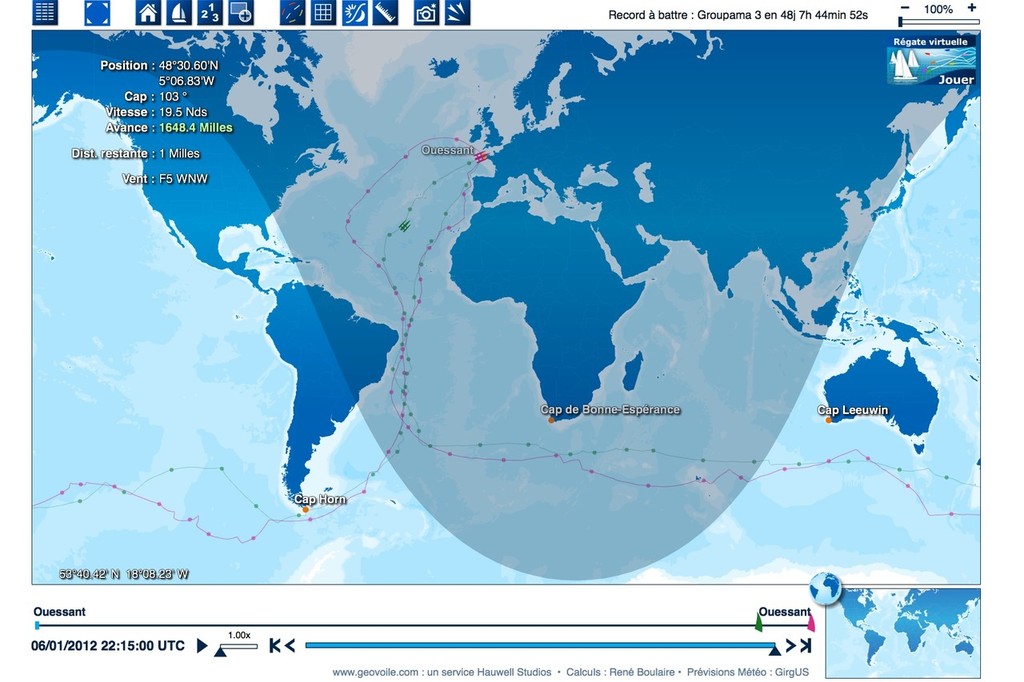 Banque Populaire V (Red) - new record circumnavigation 7 January 2012 compared to the previous record holder Groupmam (green) © Team Banque Populaire http://www.voile.banquepopulaire.fr/