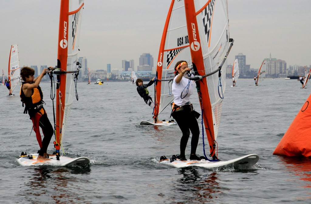 Lucas Gonzalez (l) and Margot Samson of Florida work their boards - US Sailing ISAF Youth World Qualifier 2012 photo copyright Rich Roberts http://www.UnderTheSunPhotos.com taken at  and featuring the  class