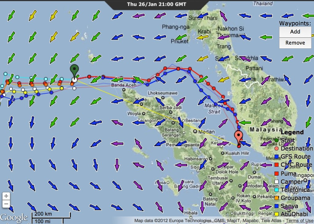 Telefonica projected route to first waypoint - Volvo Ocean Race based on position at 2100hrs UTC on 26 January 2012 © PredictWind.com www.predictwind.com